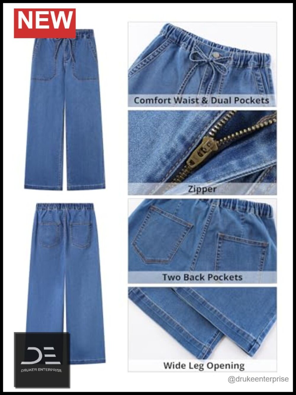 High Rise Wide Leg Jeans with Drawstring Waist Elastic Stretchy Denim Pants - Picture 5 of 6